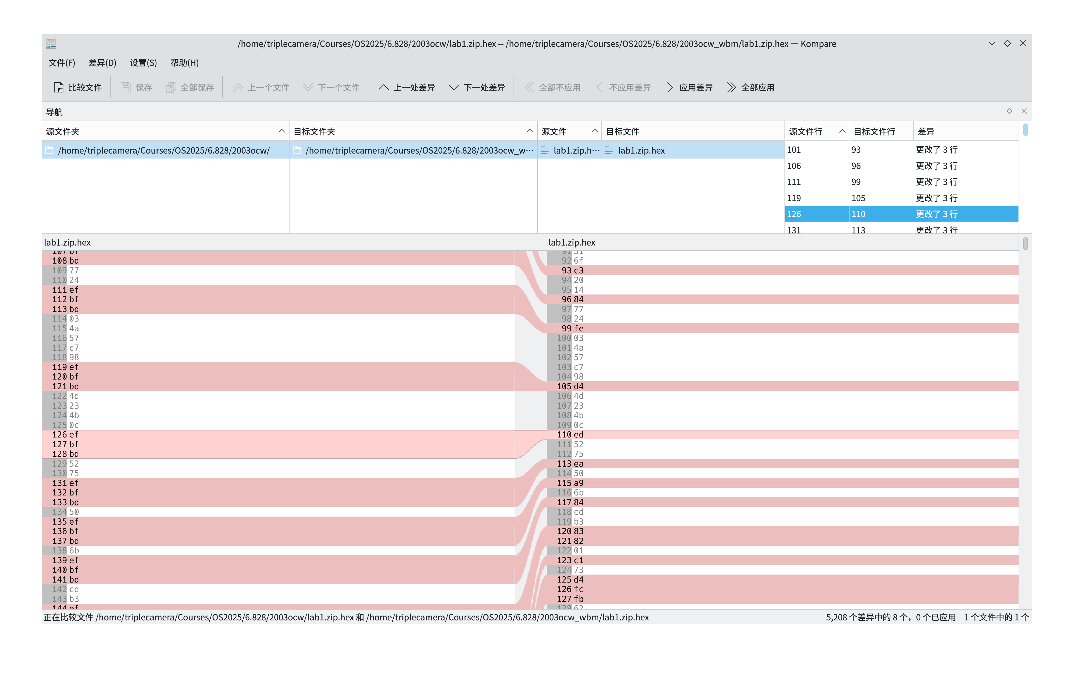 使用 Kompare 对比两个版本的 lab1.zip 的十六进制文本文件